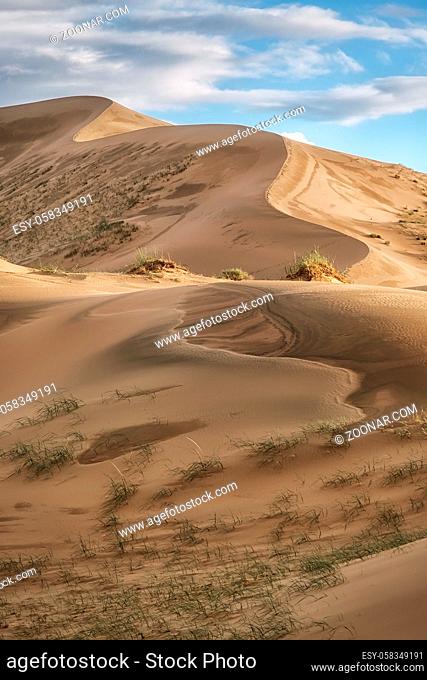 Barkhans in Mongolia. Sandy dune desert Mongol Els near lake Durgen Nuur. Khovd province, Western Mongolia