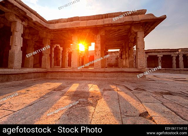 Pillared porch in Krishna Temple on sunset. Hampi, Karnataka, India