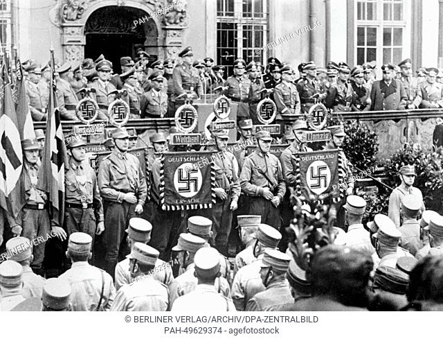 The Nazi propaganda picture shows Gauleiter of Danzig Albert Forster giving a speech during the festivities for the one year anniversary of the Third Reich's...