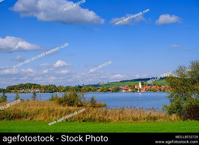 Germany, Bavaria, Riegsee, Riegsee lake and surrounding landscape in sunshine