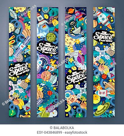 Cartoon cute colorful vector hand drawn doodles space corporate identity. 4 vertical banners design. Templates set