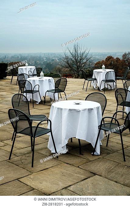 Empty tables, Pembroke Lodge, Richmond Park, West London, England