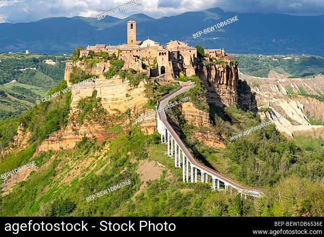 Panoramic view of historic town of Civita di Bagnoregio with surrounding hills and valleys of Lazio, Civita di Bagnoregio, Italy