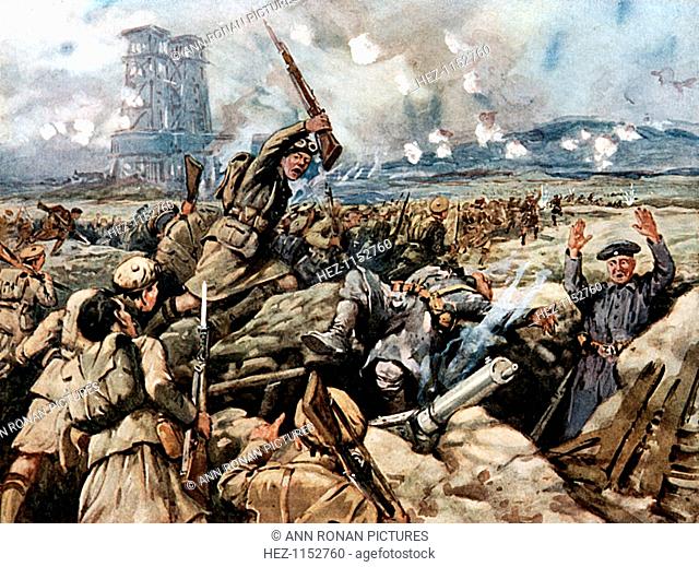 Battle of Loos, France, World War I, 1915. Scottish regiments charging and overwhelming German trenches. The Battle of Loos was a major British offensive on the...