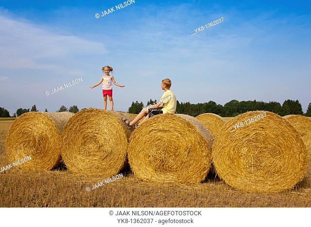 Children Playing on Corn Bales, Estonia
