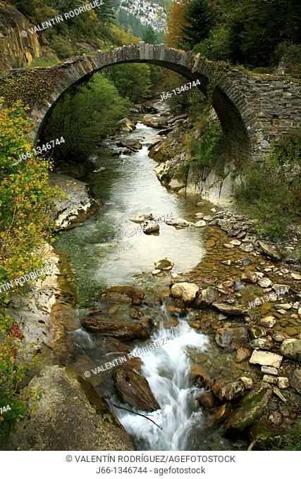 Belagua river and medieval bridge in the Valle de Roncal, Navarra, Spain