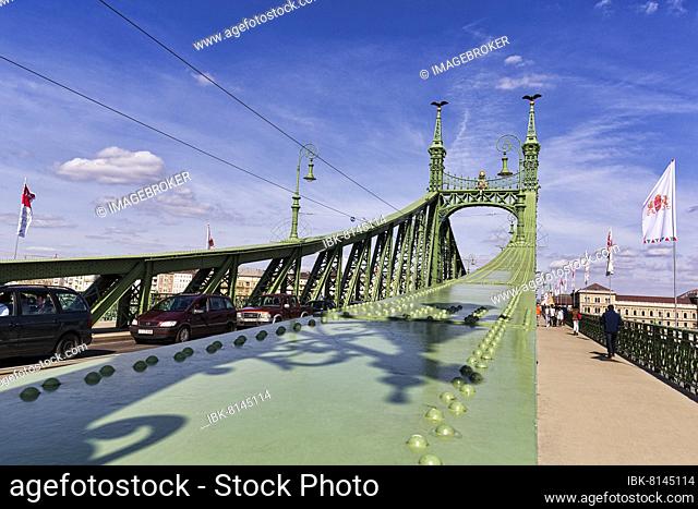 Roadway, bridge gate and footpath on the Freedom Bridge, partly cloudy sky, Budapest, Hungary, Europe