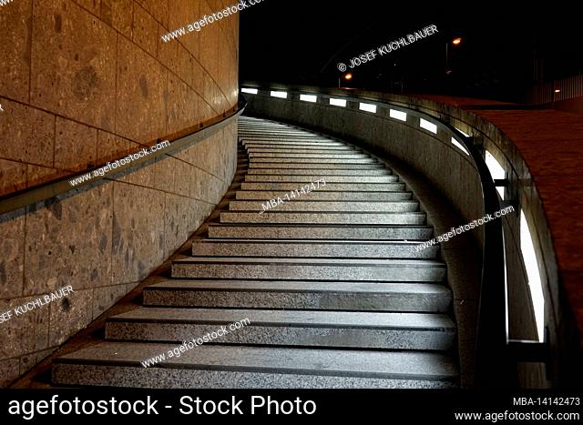germany, north rhine-westphalia, cologne, am domhof, stone stairs, staircase, in the evening, illuminated