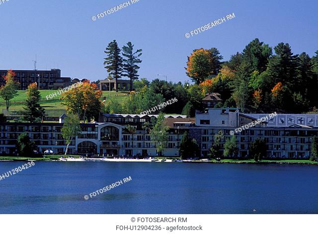 NY, Lake Placid, New York, The Adirondacks, Scenic view of the resort town of Lake Placid along Mirror Lake in the autumn