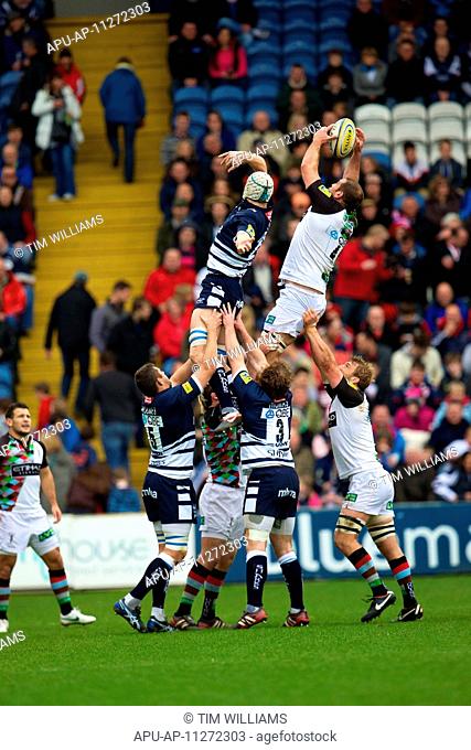 05 05 2012 Stockport, England Harlequins English lock Ollie Kohn in action during the Aviva Premiership match between Sale Sharks v Harquins The last game to be...