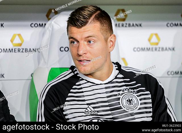Wolfsburg, Germany, March 20, 2019: portrait of footballer Toni Kroos sitting on the bench during the international soccer game Germany vs Serbia at Volkswagen...