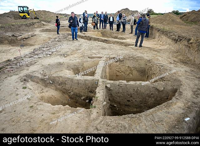26 September 2022, Saxony-Anhalt, Helfta: At this site, the archaeologists uncovered an entrance to an underground vault