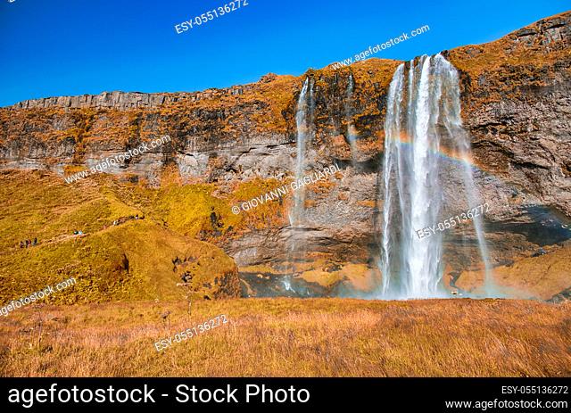 Seljalandsfoss Waterfall in summer season, Iceland. Mountain and blue sky