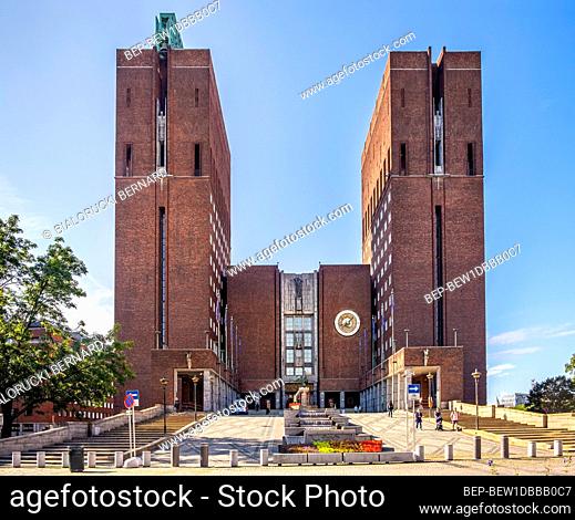 Oslo, Ostlandet / Norway - 2019/08/30: Oslo City Hall historic building - Radhuset - housing city council, municipality authorities and Nobel Peace Prizes...
