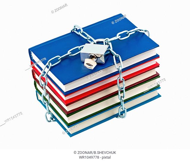 Books in chains closed padlock isolated on white background