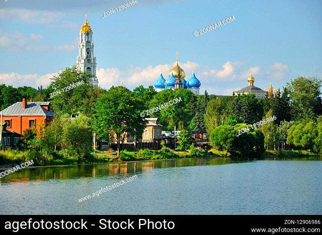 Lavra orthodox Trinity Sergiev Monastery from Kelar Lake, Sergiev Posad, Moscow region, Russia