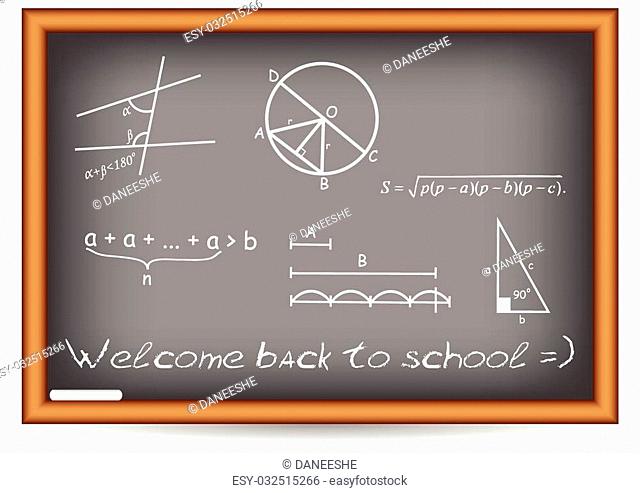 Postcard for Postcard for Knowledge Day. Back to school. Blackboard with geometric examples written by chalk. Vector illustration