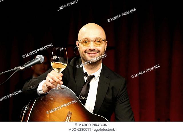 Entrepreneur and television personality Joe Bastianich on the stage of the Teatro Franco Parenti during his theatrical show Vino Veritas. Milan, Italy