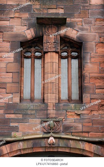 Detail of building by Charles Rennie Mackintosh, Glasgow School of Design, with typical Art Nouveau ornamentation, that defined his style, Glasgow, Scotland
