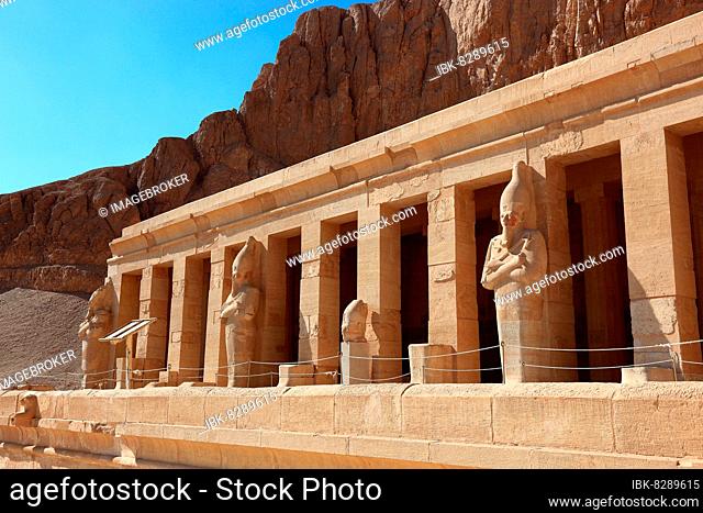 Part of the temple complex, funerary temple of the first female pharaoh Hatshepsut, Hatshepsut Temple at Deir el-Bahari on the west bank of the Nile in Thebes