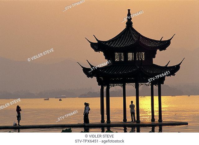 Architecture, Asia, China, Chinese, Hangzhou, Holiday, Lake, Landmark, Moody, Pagoda, Province, Reflection, Silouhette, Sunset