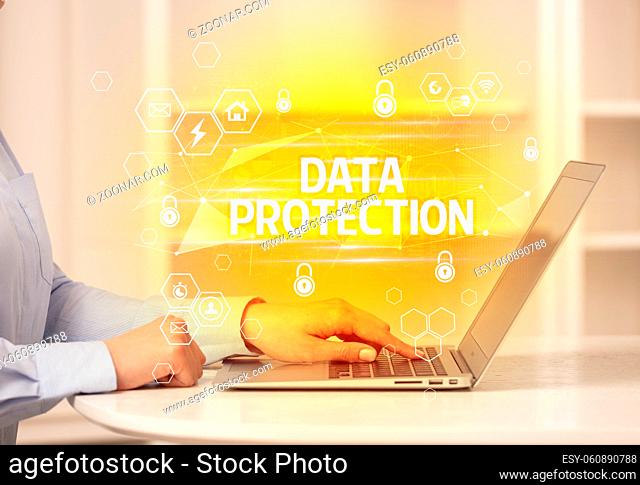 DATA PROTECTION inscription on laptop, internet security and data protection concept, blockchain and cybersecurity