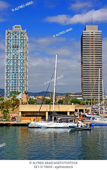 Pleasure boat, hotel Arts and Torre Mapfre, Barcelona, Catalonia, Spain
