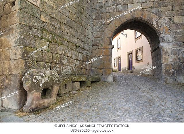 Celtic boar near to the door of the walls in the Historic Village of Castelo Mendo, in Beira Alta of Guarda District  Portugal