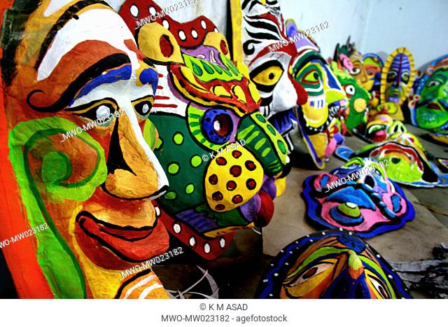 A collection of cardboard masks, made by students of the Fine Art Institute of Dhaka University, to celebrate the first day of the Bengali New Year 1415 or...