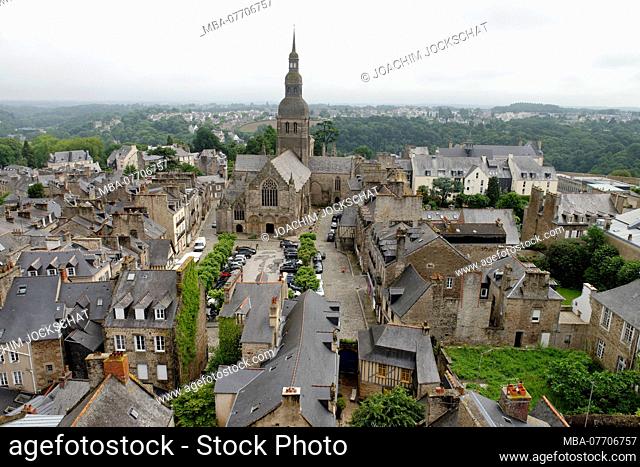 View from the bell tower to the old town of Dinan, Departement Cotes d'Armor, Brittany, France