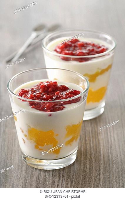 Yoghurt desserts with lemon curd and raspberry puree