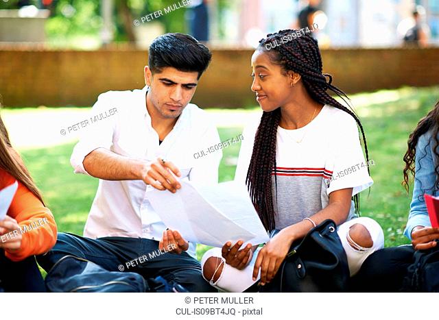Female and male higher education students discussing paperwork on college campus lawn