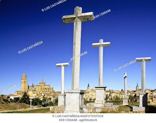 Crosses and cathedral in background, Segovia, Castilla-Leon, Spain