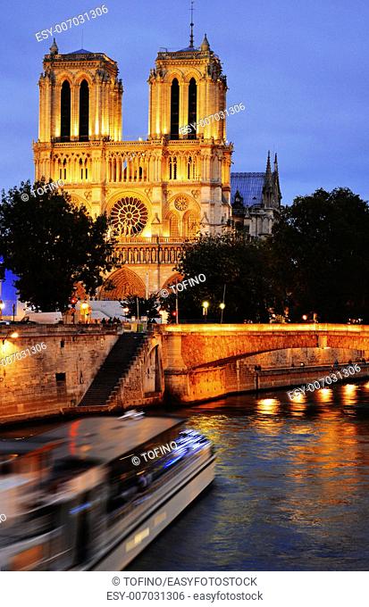 Notre-Dame Cathedral in Paris, France after sunset