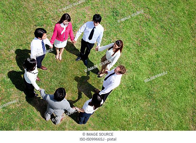 Businesspeople in a circle in field, high angle