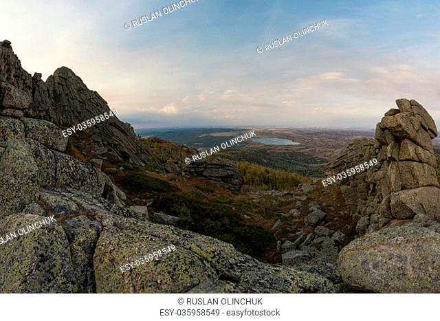 Beauty view on Sinyukha mountain to White lake, the highest mountain of Kolyvan ridge, in the Altai Territory of Russia