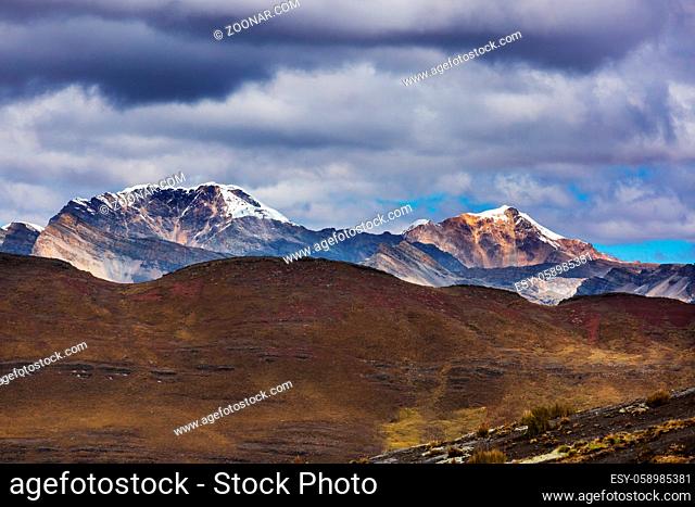 Landscape of snow high mountain in the Andes, near Huaraz, Peru