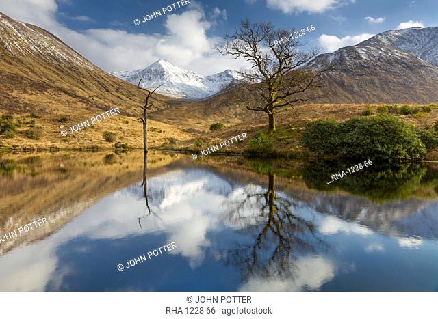 Tranquil loch reflection in Glen Etive, Glencoe, Highlands, Scotland, United Kingdom, Europe