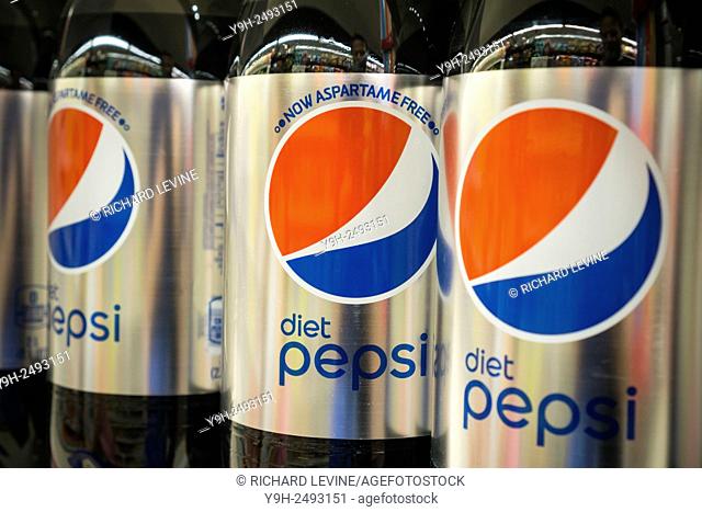 Bottles of aspartame free Diet Pepsi with bottles still containing the artificial sweetener on a supermarket shelf in New York