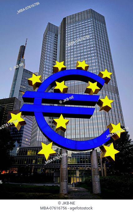 Germany, Hesse, Frankfurt am Main, ECB skyscraper, EURO symbol