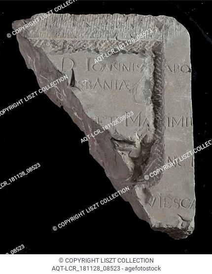 Fragment stone with text ioannis ... Sbania and later hacked frame, tombstone? memorial stone? facing brick? building component? slate stone, abo