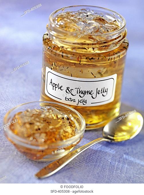 Apple and thyme jelly in jar and small dish Not available for exclusive usages