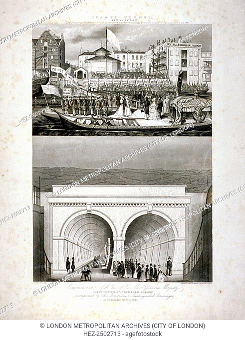 Two views of the Thames Tunnel, commemorating the visit by Queen Victoria, London, 1843. At the top is a view of the Queen arriving at the tunnel entrance