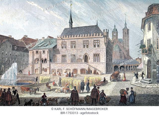 View of Goettingen, town hall, about 1845, historic cityscape, steel engraving created in the 19th century, Lower Saxony, Germany, Europe