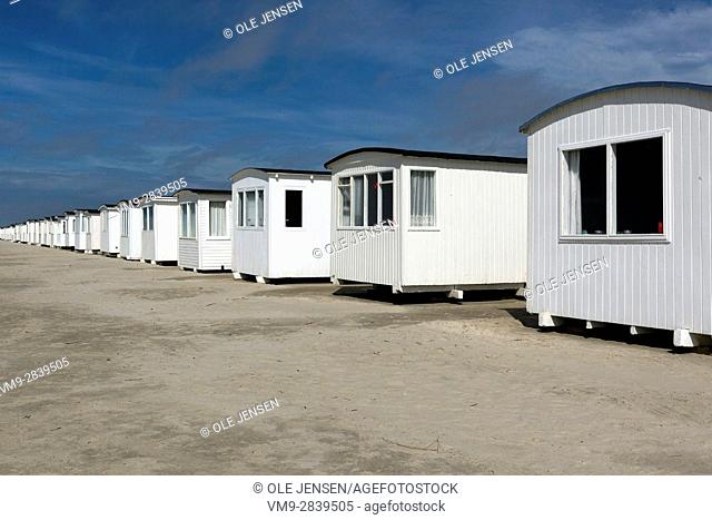 Private bathhouses at the Danish west coast near Loekken. Denmark. There are some 500 beach houses - also named: ""The White City""