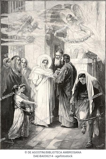 The Virgin's marriage, drawing after a painting by Paul Louis Delance (1848-1924), from L'Illustrazione Italiana, Year XXVII, No 4, January 28, 1900