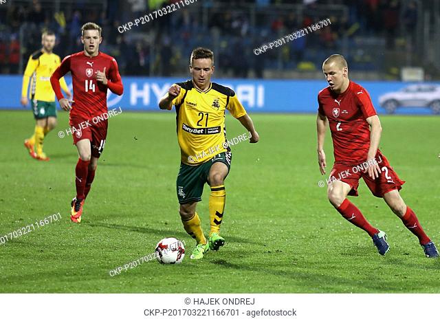 From left: Czech national football team player Jakub Jankto, Vytautas Luksa of Lithuania and Czech Adam Housek in action during the friendly match against...