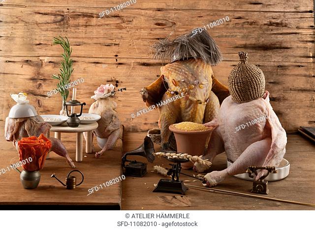 A chicken, a corn-fed chicken and two quail's sitting at tables