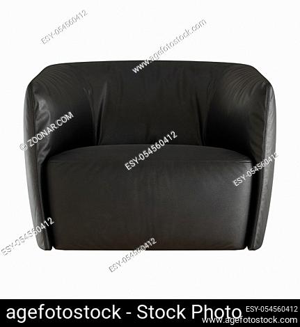 Black leather armchair front view on isolated background. 3d rendering