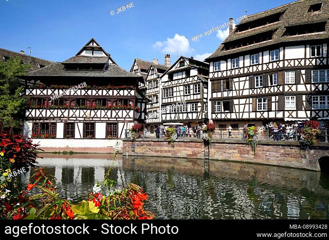 France, Alsace, Strasbourg, Petit France, Maison des Tanneurs, Restaurant, Half-timbered houses, River Ill